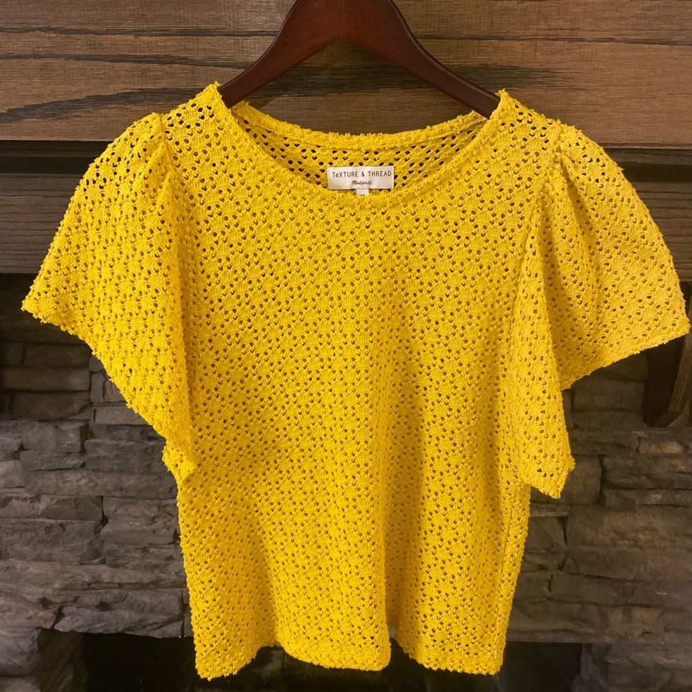 Madewell Texture & Thread Womens Blouse X-Small Yellow Eyelet Flutter Sleeve Top